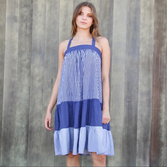Vintage Handmade Blue Striped Flowy Halter Dress - Picture 3 of 8